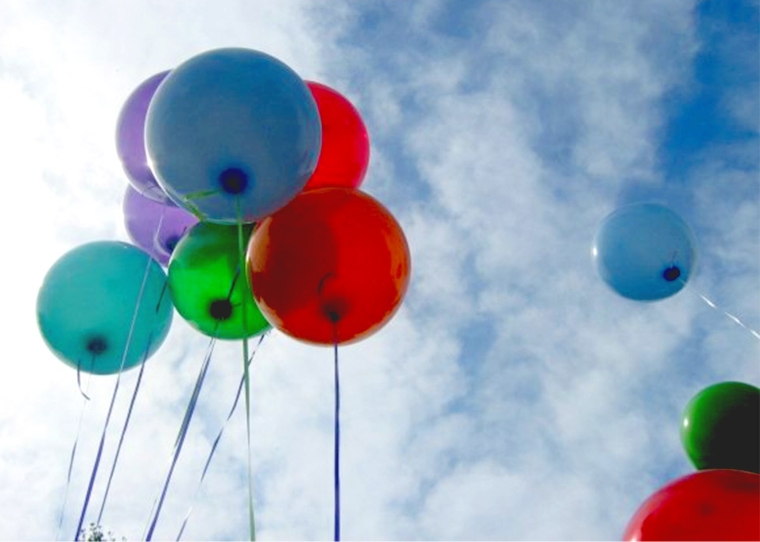 Image looking up at colorful balloons on strings against the backdrop of a blue sky.